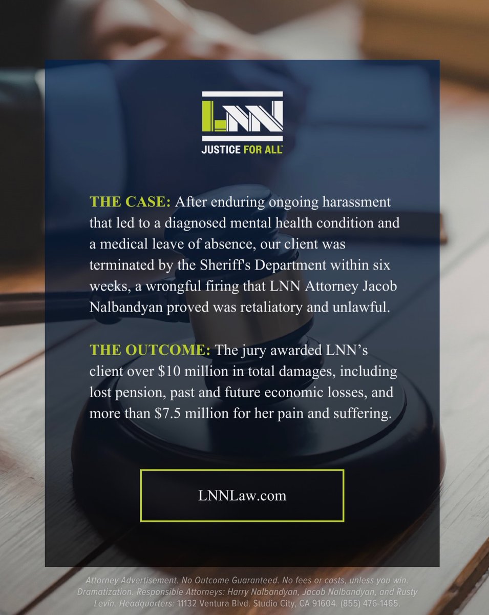 LNN_Law's tweet photo. No one should be punished for speaking up.
 
Years of sexual harassment. A wrongful firing after medical leave. Attorney Jacob Nalbandyan held the employer accountable — and won.

#JusticeForAll #EmploymentLaw #SexualHarassment #WrongfulTermination https://t.co/LbVlBW988f