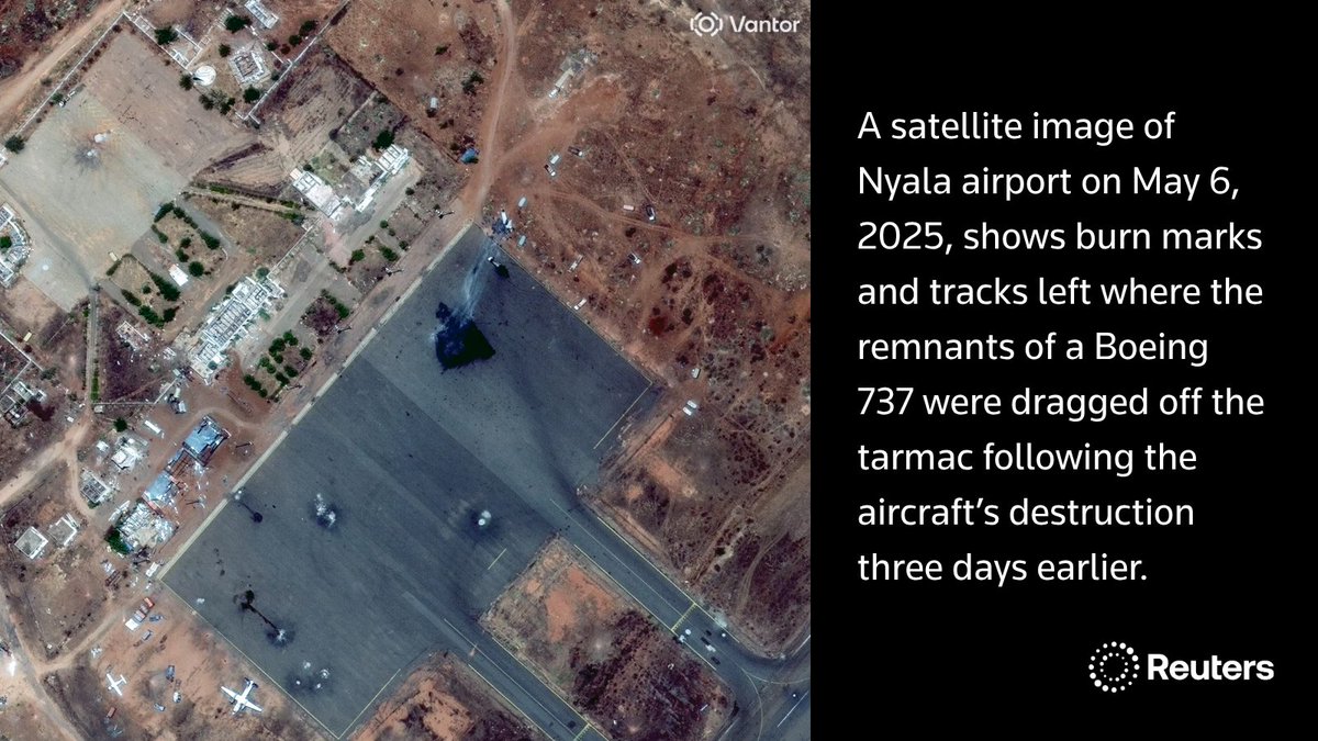 Reuters's tweet photo. A Boeing destroyed in Sudan's Nyala carried RSF fighters, a source told Reuters. Its pilot and ground engineer worked for a Shaulis-owned company registered in the UAE, according to records reviewed by Reuters https://t.co/dv8VFFZEZV @specialreports https://t.co/mAbH6BnKyT
