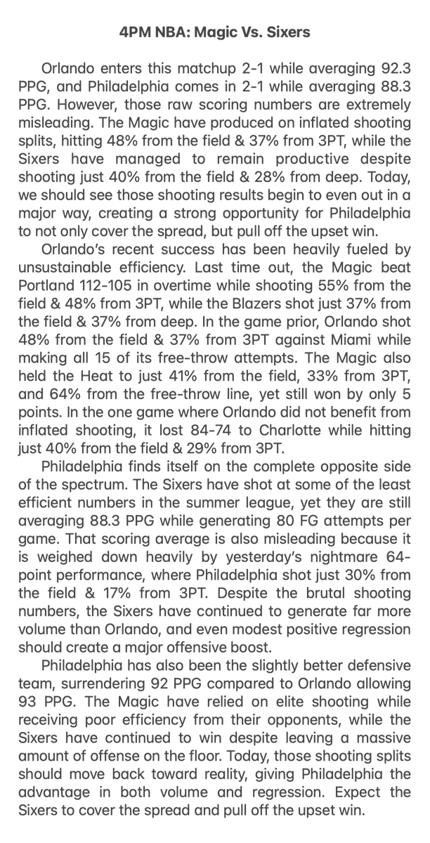 SRCGROUP2K's tweet photo. Today’s NBA Free Plays
🏀IND MIN Over 186.5 -112
🏀PHI +5.5 -105
🏀IND TTO 92.5 -110
🏀MIN TTO 94.5 -110
🏀PHI TTO 88.5 -115
🏀ORL TTU 94.5 -120

Bring the Energy &amp; Let's Cash!

#Betsmarter #GamblingX https://t.co/UvQxqUy0EJ