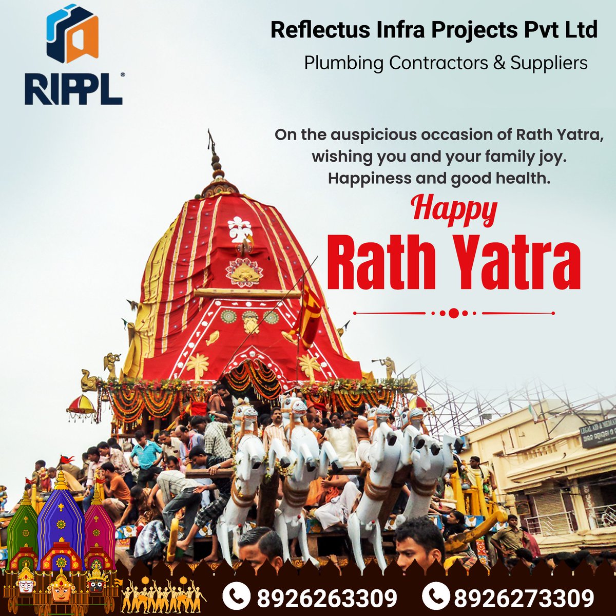 Rippl_Odisha's tweet photo. 🚩 Jai Jagannath!
May Lord Jagannath bless everyone with peace, prosperity, and good health on this auspicious occasion of Rath Yatra.
Wishing you and your family a joyful Rath Yatra!
— Reflectus Infra Projects Pvt. Ltd. (RIPPL)
#HappyRathYatra #JaiJagannath #RIPPL #Odisha https://t.co/8nOzKWy8tZ