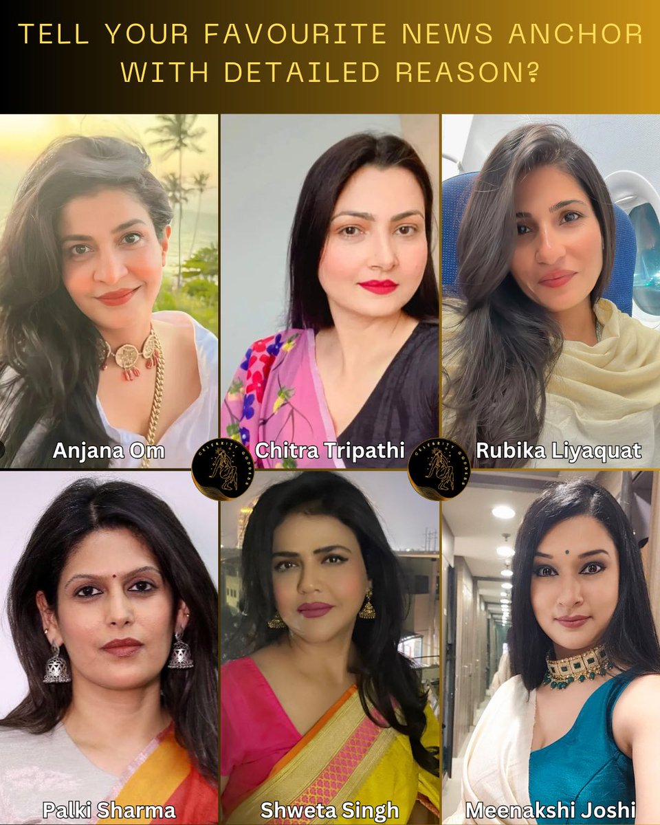 celeb_goddesss's tweet photo. Who is your favourite Goddess and why?
#anjanaomkashyap #chitratripathi #rubikaliyaquat #palkisharma #shwetasingh #meenakshijoshi #newsanchor #journalist #newsreporter https://t.co/17rt98CBm0