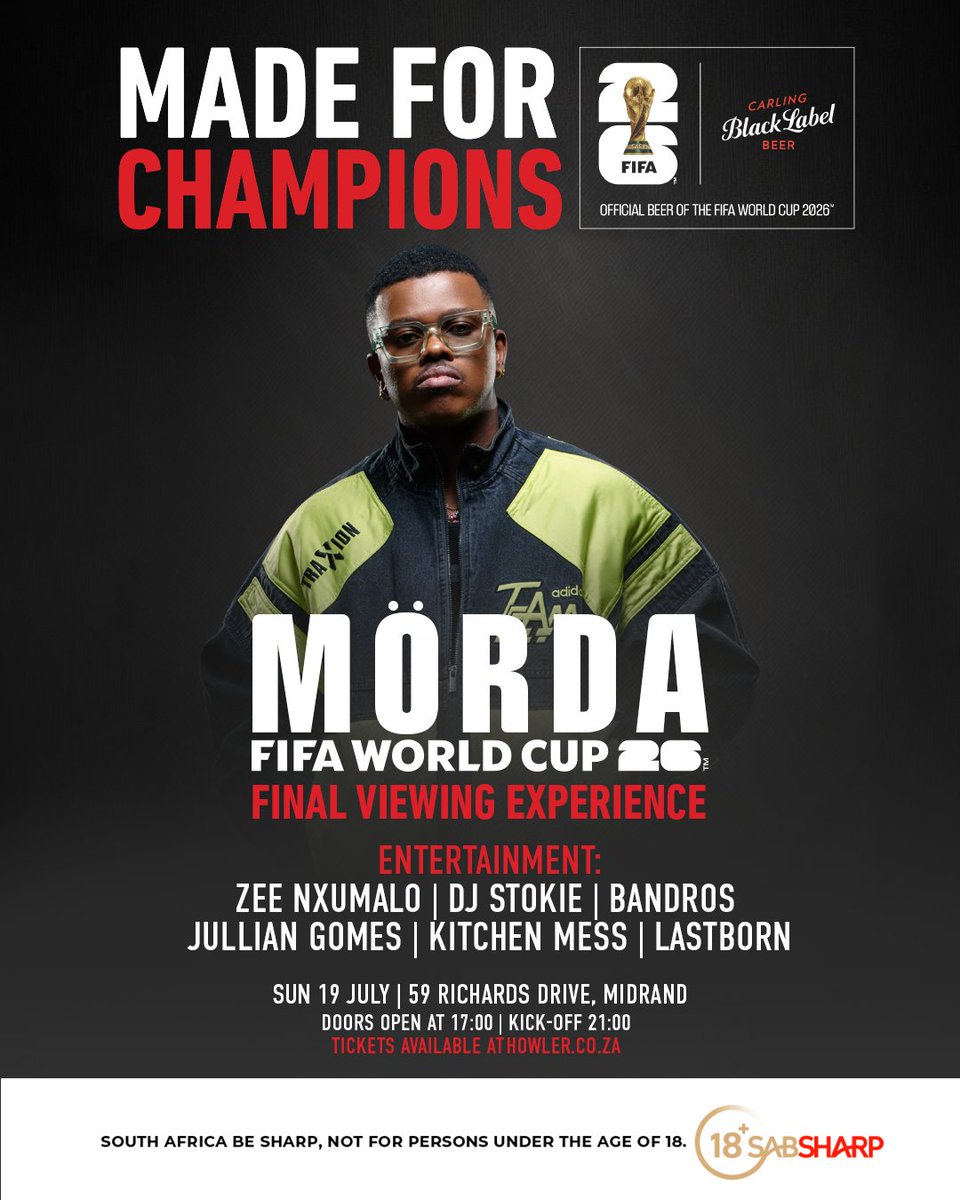 blacklabelsa's tweet photo. Champs, the #FIFAWorldCup Final awaits! Watch football’s biggest game with fellow Champions this Sunday, featuring Zee Nxumalo, @Morda, Dj Stokie SA and more.

Get your tickets here: https://t.co/ESjtxSTVLW
#MadeForChampions https://t.co/799PtBweSo