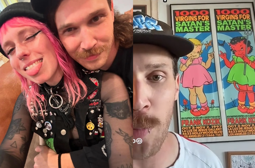 joshryanjames's tweet photo. Kaitlyn Tracey's husband has an art poster on his wall featuring small children with the text "1000 Virgins for Satan's Master." https://t.co/KOfK04YevW