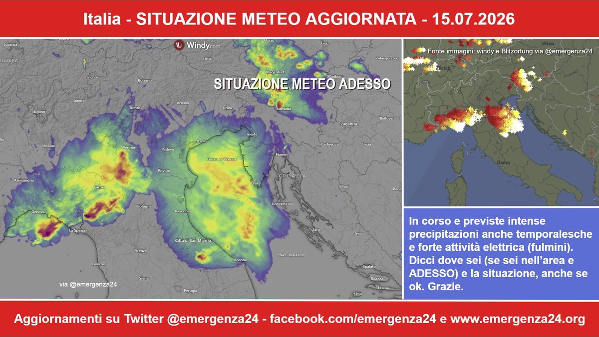 Emergenza24's tweet photo. ADESSO [15.07-21:00] #Italia in corso e previste intense precipitazioni anche temporalesche e forte attività elettrica #fulmini 
Dicci dove sei (se sei nell’area e ADESSO) e la situazione, anche se ok. Grazie.
Informazioni e aggiornamenti: https://t.co/FT4GDR3be6

Segui questo account X/Twitter https://t.co/73MmpajC9x
Iscriviti al canale Whatsapp Emergenza24 https://t.co/9bslUsKi7E