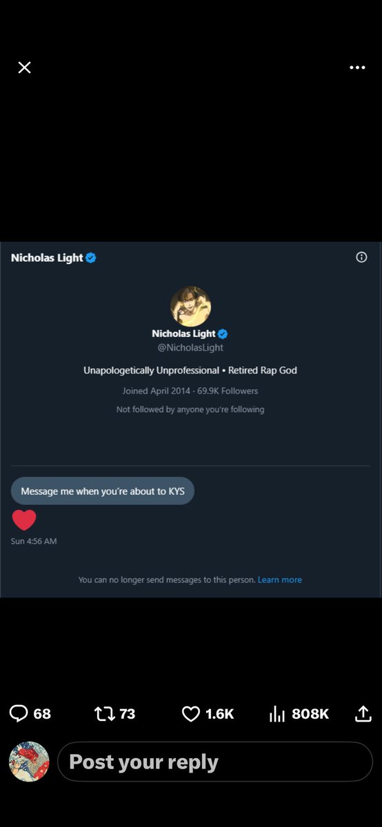 dragonkin717's tweet photo. @NicholasLightTV I can’t imagine watching your shitty content when you send shit like this to people https://t.co/j5W0nWeK9q