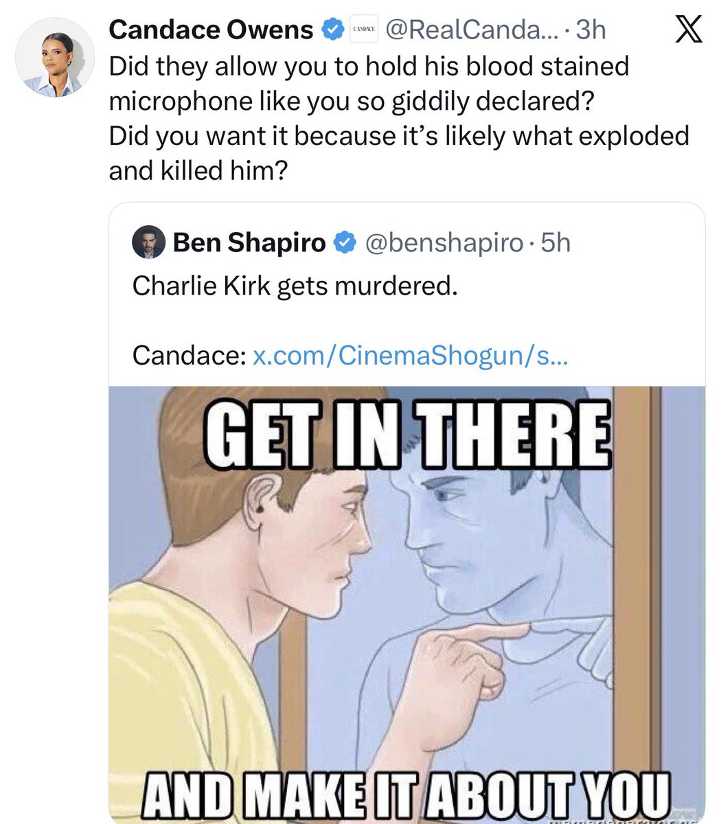 bren45000's tweet photo. Candace Owens changed her theory again.

• First she said Charlie was shot in the neck.

• Then she said the mic on his shirt exploded.

• Now she is saying the microphone Charlie was holding exploded and killed him.

Make up your mind, lady. https://t.co/aNMIKLodkB