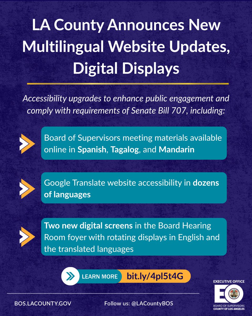 LACountyBOS's tweet photo. #NEW: Language accessibility options are now available online &amp; in-person in the #LACountyBOS Board Hearing Room flyer in DTLA!

View Board materials in Spanish, Tagalog, &amp; Mandarin, as well as dozens of other languages using Google Translate.

🔗: https://t.co/fCE6YM3BXk https://t.co/SJGdxFVHBC