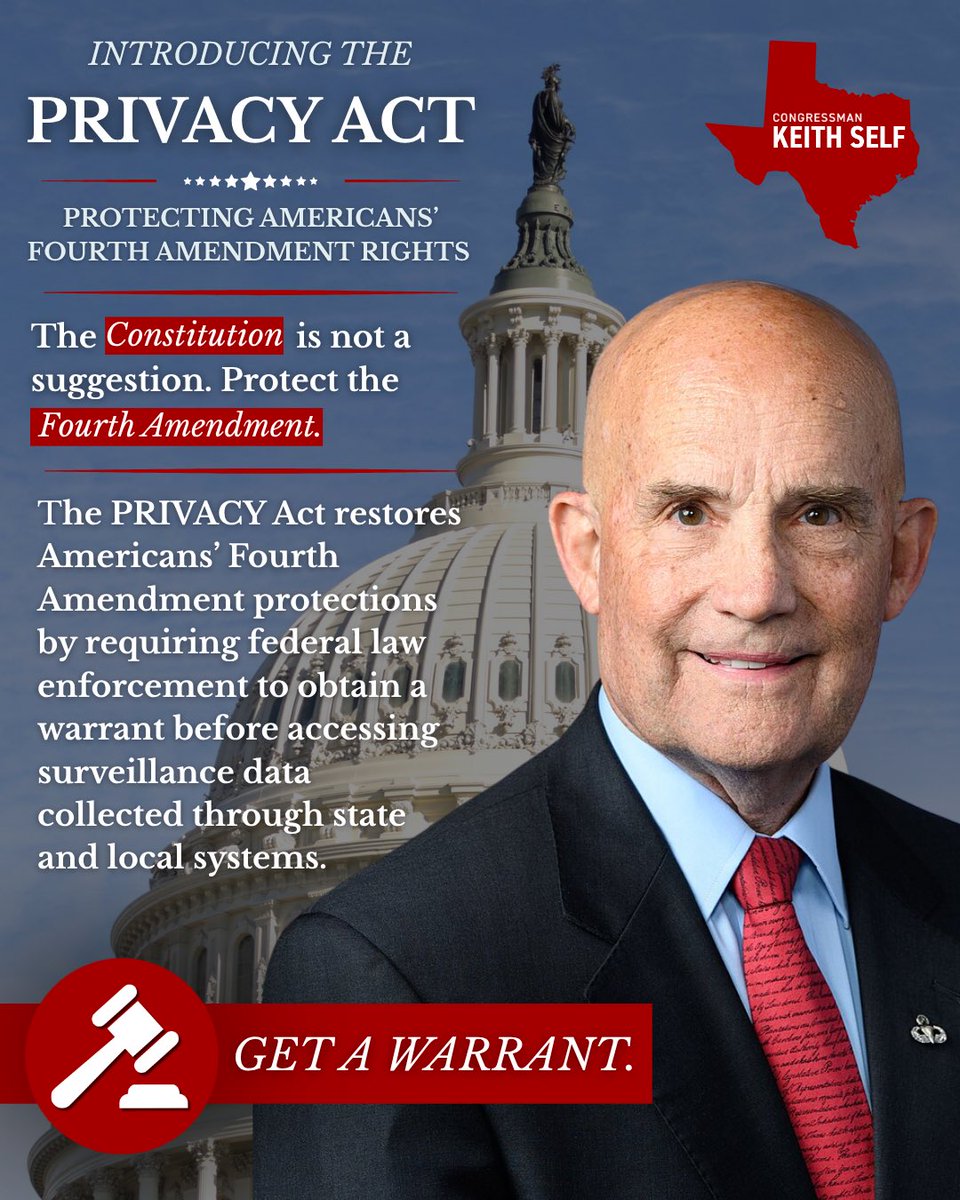 RepKeithSelf's tweet photo. 🚨 BILL DROP: The PRIVACY Act!

The PRIVACY Act protects Americans’ Fourth Amendment rights by requiring federal law enforcement to obtain a warrant before accessing surveillance data collected through state and local systems.

The Constitution is not a suggestion. If the government wants your data, get a warrant.