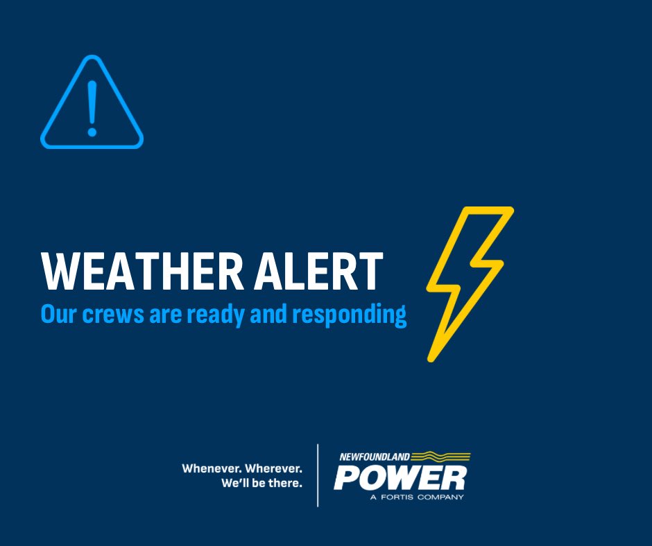 NFPower's tweet photo. ⚠️ 📢⚡️
Heavy rain and lightning are in parts of our service area. Our crews are responding and will work to safely restore power to those impacted.  

We encourage customers to stay safe and monitor outages and restoration updates on our Outage Centre: https://t.co/MxWr6IVvjt

Thank you for your patience and understanding.
#NLwx #PowerOutages #SafetyFirst #NewfoundlandPower