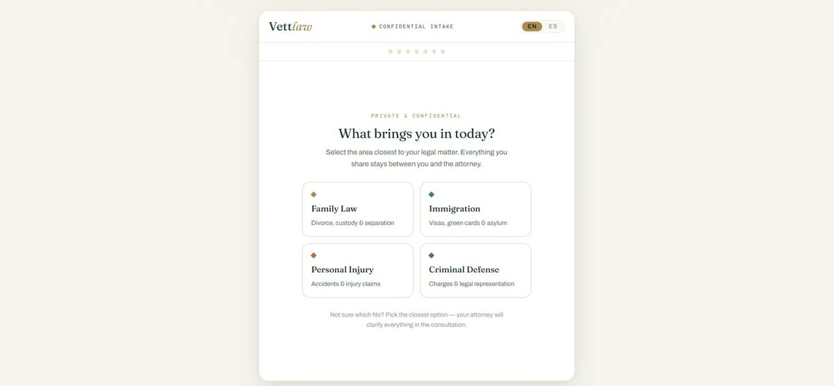 Hammy189's tweet photo. 🗓️ No more phone tag to book a lawyer.
Vettlaw's intake flow now has self-service scheduling:
→ Pick your practice area
→ See real open slots
Behind the scenes: auto case files, AI qualification scoring, and conflict checks before anything's approved.
https://t.co/veRlG8zzUz https://t.co/pOiT7h6umT