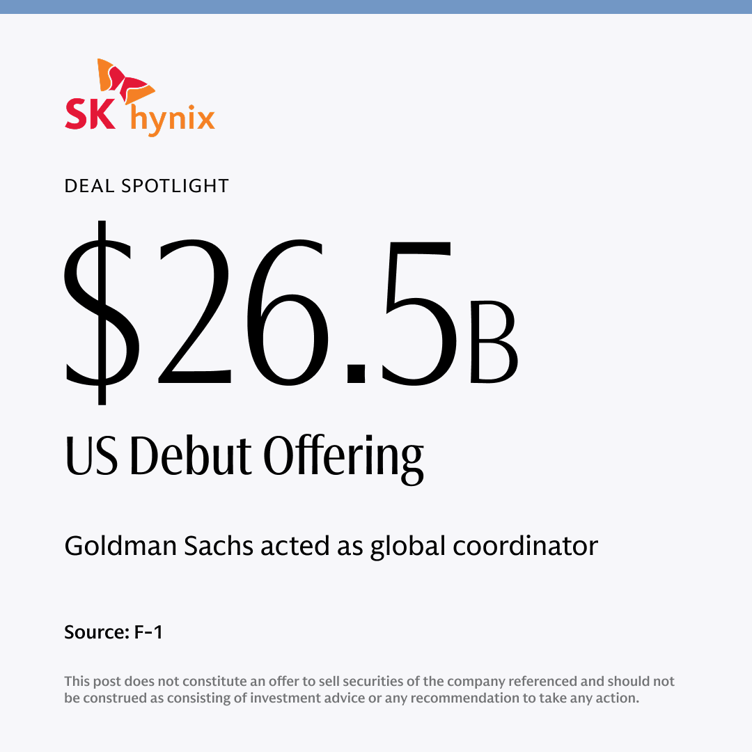 GoldmanSachs's tweet photo. On July 9, SK hynix successfully priced its $26.5B US debut offering. Goldman Sachs served as global coordinator. https://t.co/UEV8yoTuqu