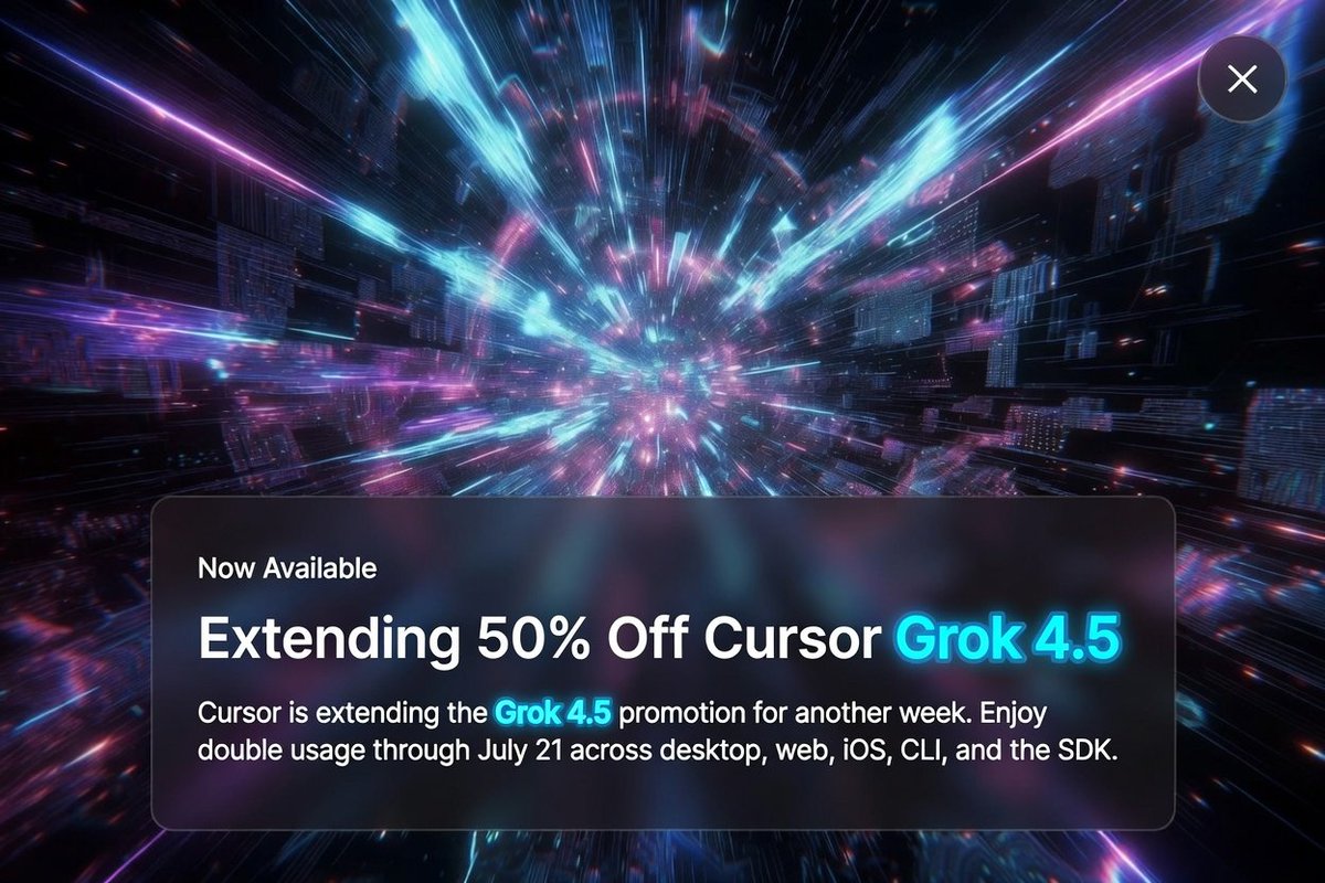 mark_k's tweet photo. Cursor just extended the Grok 4.5 promotion! 🚀

50% off + double usage is now available through July 21 across desktop, web, iOS, CLI, and the SDK.

Grab it while it lasts in Cursor. https://t.co/0EUyrs2dTv