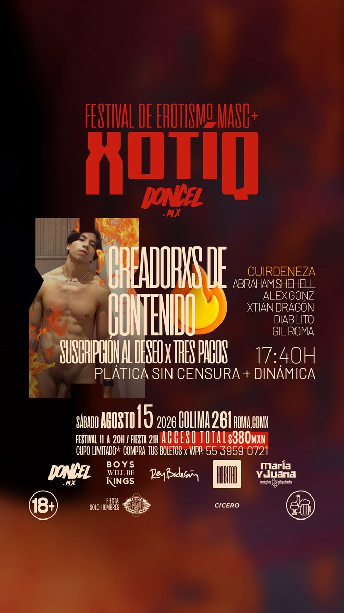 DONCEL_mx's tweet photo. 🔥FESTIVAL XOTÍQ DONCEL🔥
¡Cupo limitado, compra tus boletos ya!
🔞 Todo el programa, boletos e info: https://t.co/uxsgmnK4sG
Invitado especial: @CuirDeNeza https://t.co/ky7itfJVlv