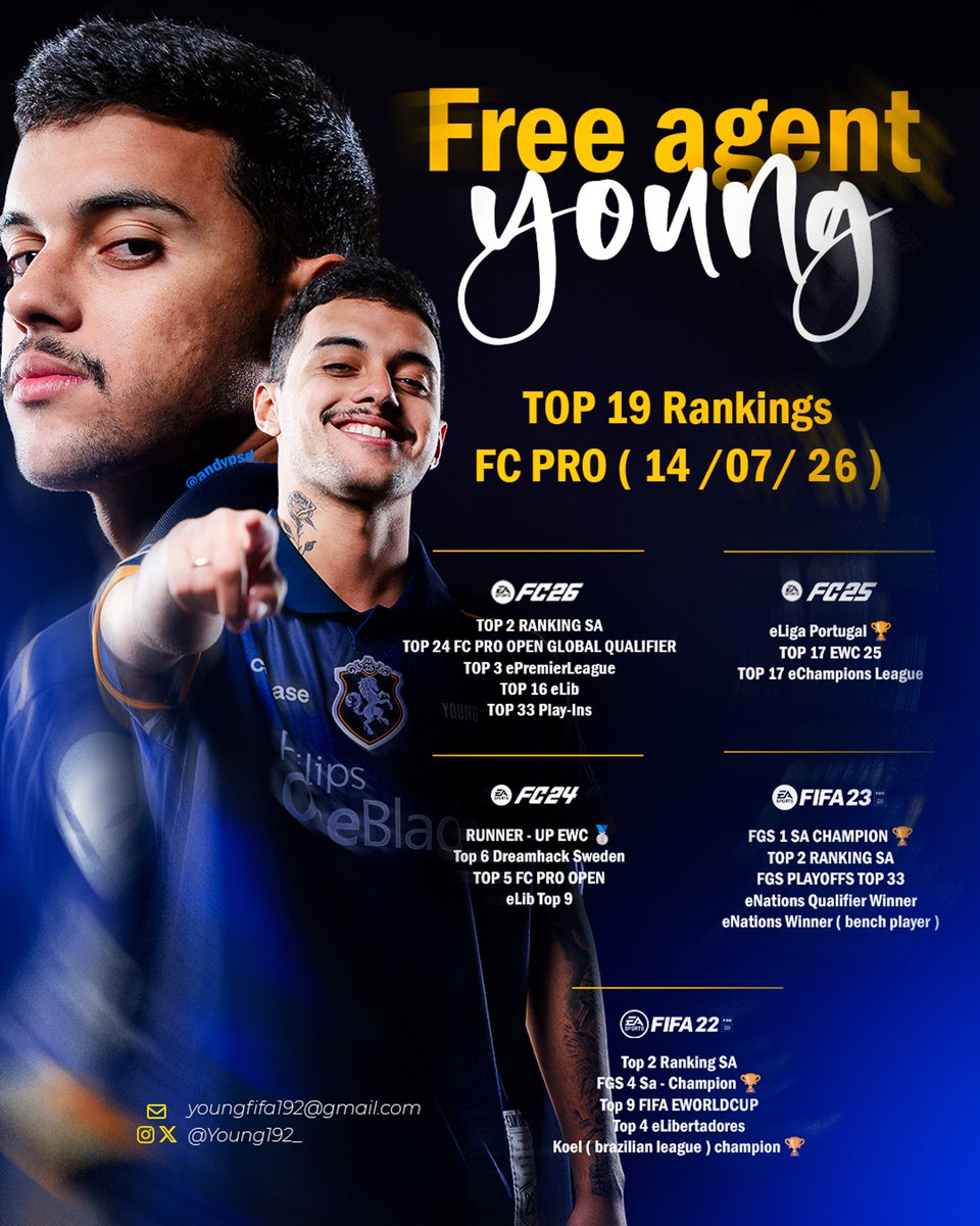 Young192_'s tweet photo. FREE AGENT  ⚠️⚠️⚠️
My contract with Team Liquid ends in August, and they already allowed me to search for a new challenge.

I’m looking for a organization/club to represent in EAFC27. 

My achievements are below. If you’re interested, feel free to reach out via DM or Email : youngfifa192@gmail.com

I speak Portuguese, English and Spanish fluently and also open to change region to play next season.

I’m highly motivated, eager for a new challenge, and ready to compete at the highest level. I’m confident that the experience I’ve gained will allow me to make a strong impact wherever I go.

Thank you to everyone who has supported me so far. Looking forward to what’s next.

RT’s are appreciated
Design by ;
@Andydzn_