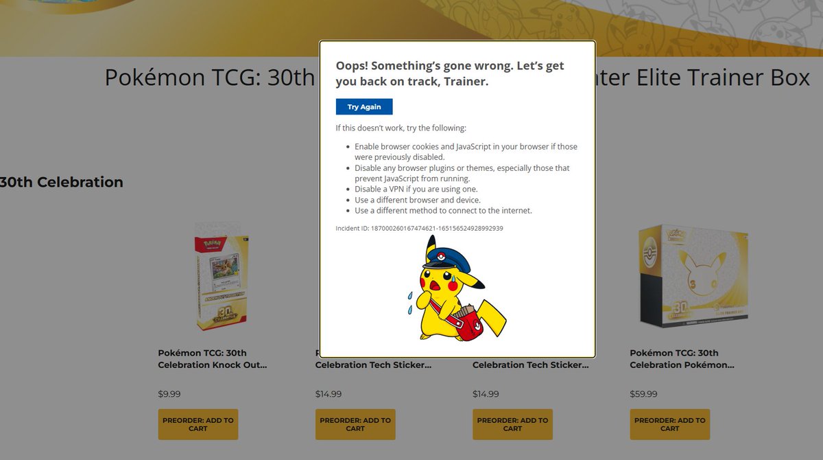 esejayjay323's tweet photo. @PokemonTCGIntel Made it in right as the ETBs were about to sell out, I am super bummed. Kept getting this error almost everytime. https://t.co/cbMFaKdc8V