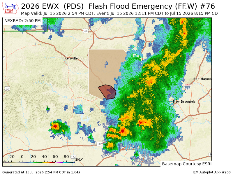 Iembot_emerg's tweet photo. EWX continues Flash Flood Emergency [flash flood: observed, flash flood damage threat: catastrophic] for Kendall [TX] till Jul 15, 8:15 PM CDT https://t.co/65BuutwFOg https://t.co/6oUR0Z6zSZ