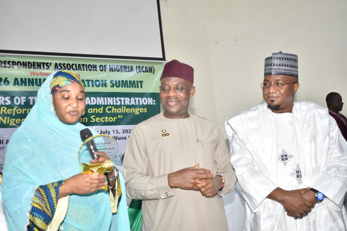 OfficialNUC's tweet photo. The Executive Secretary of the National Universities Commission (NUC), Professor Abdullahi Yusufu Ribadu, FCVSN, has been honoured with the 2026 Education Correspondents Association of Nigeria (ECAN) Award of Excellence for his outstanding contributions to university development, innovation and quality assurance.

The award was presented by the Honourable Minister of Education, Dr. Olatunji Alausa, during the 2026 ECAN Annual Summit held today at Barcelona Hotel, Abuja.

Receiving the award on behalf of the Executive Secretary, the NUC Director of Research, Innovation and Information Technology, Mallam Lawal Mohammed Faruk, expressed appreciation to ECAN for the recognition and highlighted the Commission's major achievements under Prof. Ribadu's leadership since December 2024.

He noted that the Commission has expanded access to university education, approved new academic programmes, strengthened quality assurance, advanced digital transformation, and secured major international funding for ICT, research and institutional development.

Presenting the awards, Dr. Alausa commended the recipients for their commitment to advancing Nigeria's education sector, while ECAN said the honours recognise visionary leadership and impactful service.

Congratulations to the Executive Secretary on this well-deserved recognition.