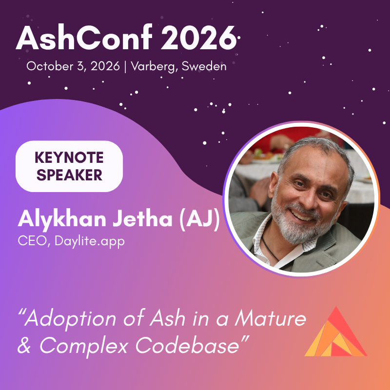 ZachSDaniel1's tweet photo. Announcing our Keynote speaker for #AshConf! @ajetha has built an award winning CRM, @dayliteapp, which was featured at WWDC, all while migrating a mature and complex codebase to #ElixirLang and #AshFramework. Come to Varberg, Sweden on October 3rd (the day after Goatmire) to hear all about it 😎 

Register here: https://t.co/2pjNACWeZJ