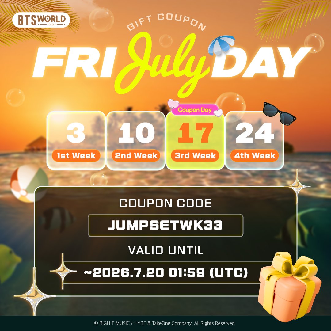 BTSWS2_official's tweet photo. [ 💌 ] July Friday Gift 3

Friday Gift is here💌

🎁Gift: 3 Special Draw Tickets
🎟️Coupon code: jumpsetwk33
❓How to use: Please check the link below

🔗https://t.co/YbTJTbTGaO

금요일 선물 도착💌

🎁선물: 스페셜 뽑기권 x3
🎟️쿠폰 코드: jumpsetwk33
❓사용 방법: 위 링크를 확인해주세요

🎮Free download
https://t.co/22SDb6i5pb

#BTSWORLD_Season2
#BTS #방탄소년단
#BTSW_S2_unlocked
#PLAY_BTSW_S2