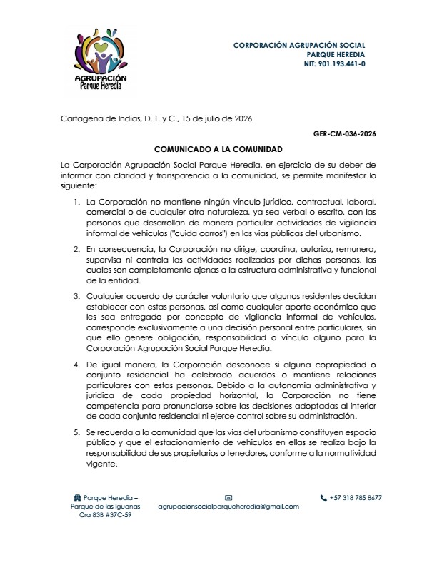 AgrupacionPH's tweet photo. #AgrupacionInforma #ParqueHeredia Comunicamos con transparencia y cercanía. Desliza y lee el comunicado oficial sobre vigilancia vial.📄 https://t.co/SCjO6iIhvz