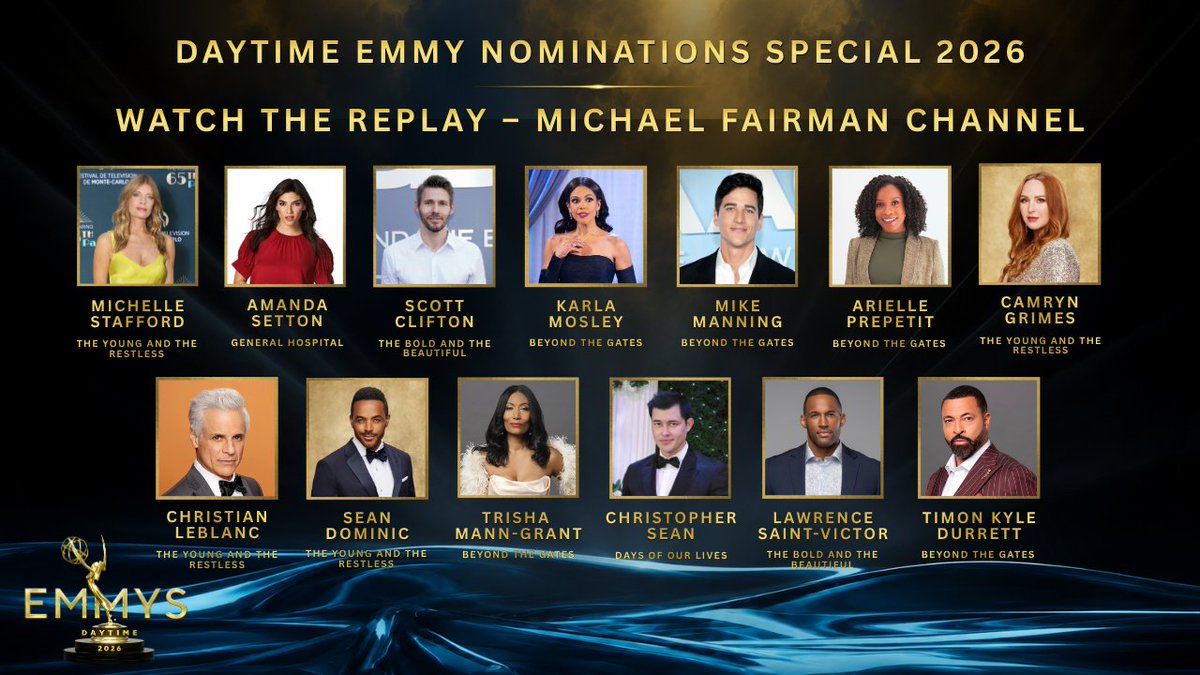 MichaelFairman's tweet photo. Thank U to my Emmy-nominated guests who showed up last night on short notice to kick-off Daytime Emmy season 🙌

@TheRealStafford #amandasetton @CliftonsNotes @karlamose @mike_manning_ @CJLeBlanc @ChristopherSean #areielleprepetit #camryngrimes @TRISHAMANN @LSaintVictor @TimonKDurrett @Seanjuan55 @TheEmmys #GH #YR #BTG #Days #boldandbeautiful

ICYMI: Catch the 'Daytime Emmy Nominations Special 2026' Replay now on #michaelfairmanchannel 

Watch 👉 https://t.co/43myd1TzrF