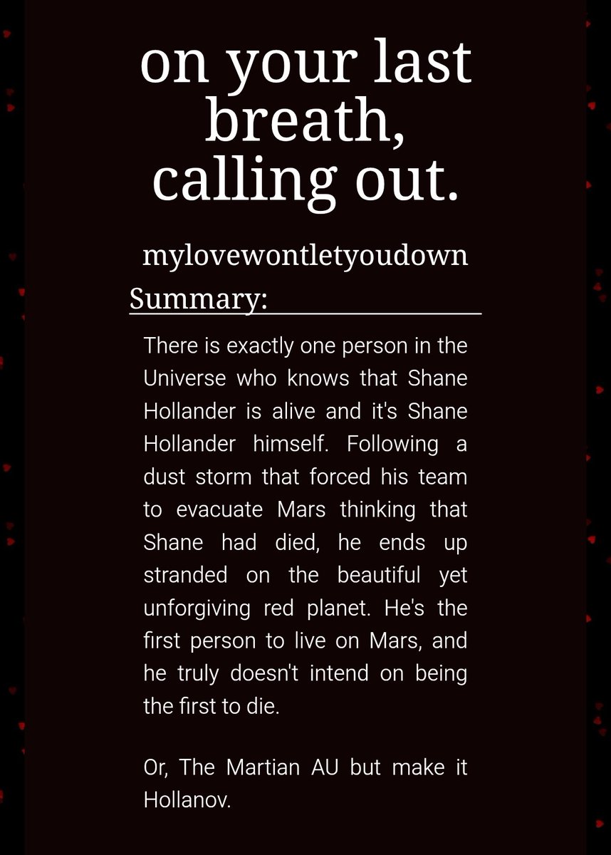 mylowlyd's tweet photo. on your last breath, calling out. 

the Hollanov Martian AU. 

1/12 chapters, 3.2k, wip.

been working on this for about 3 months and i am very proud of it :)

🔗 : https://t.co/Db2vJU2ZQg https://t.co/cbLoPKs05t