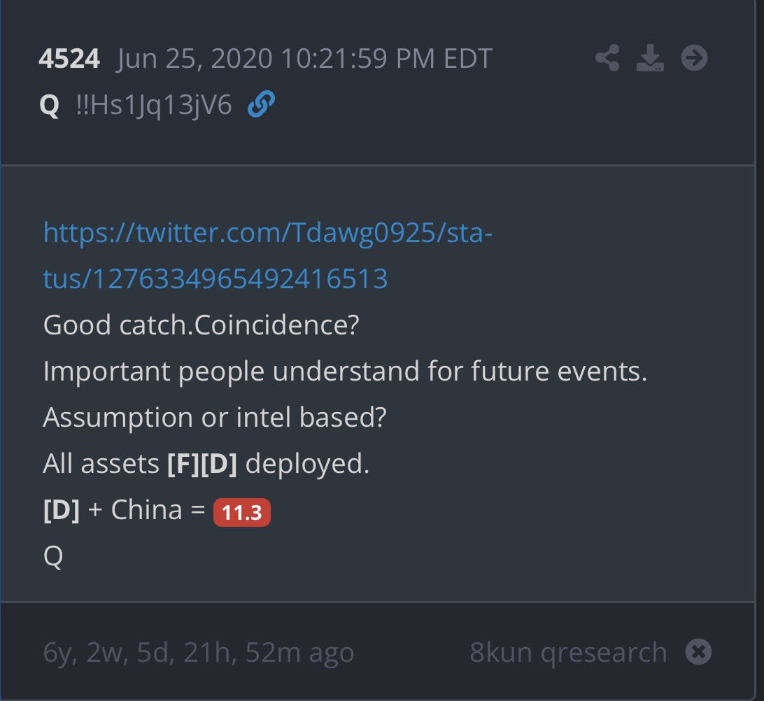 WarClandestine's tweet photo. Anons, go back and read all the drops containing 11.3

All assets [F][D] deployed
[D] + China = 11.3

All assets Foreign/Domestic deployed
Domestic + China = 11.3 https://t.co/TlYe1FIoXu