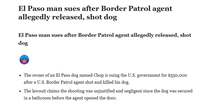 tyledev's tweet photo. I JUST FOUND A GIGA STORY

This dog was SHOT AND KILLED BY US BORDER PATROL, and now his owner is SUEING THE GOVERNMENT for $550,000

The original link is here:
https://t.co/Ua9lIFPEwN

Here is the instagram post that shows the picture of chop:
https://t.co/vE12raOLMw https://t.co/Nv5VLYKhHK