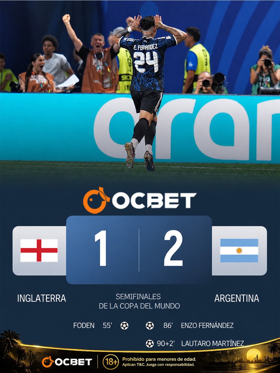 ocbetmx's tweet photo. 🇦🇷 ¡Argentina jugará la gran final del Mundial 2026! 🔥🏆

La Albiceleste remontó el partido y venció 2-1 a Inglaterra para sellar su boleto a la final. https://t.co/QKBsalEYHl