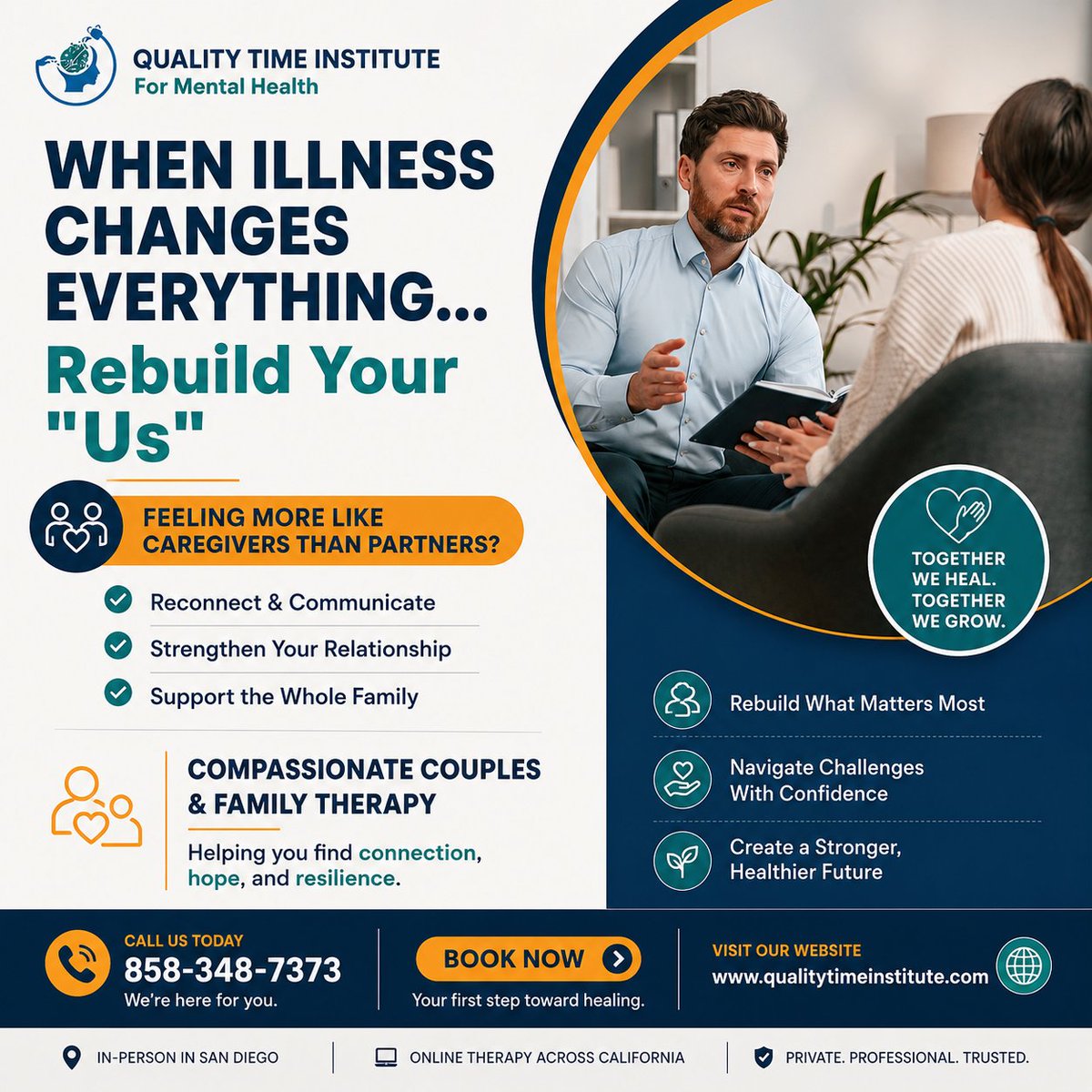 QTIMH's tweet photo. When illness changes everything, it's easy to feel like caregivers, not partners.

We help couples rebuild their "Us" - reconnect, communicate, heal.

Compassionate therapy in San Diego + online across CA.
Book: https://t.co/AfKwMI8gfm

#MentalHealth #CouplesTherapy #SanDiego https://t.co/6Nt0DIoO8e
