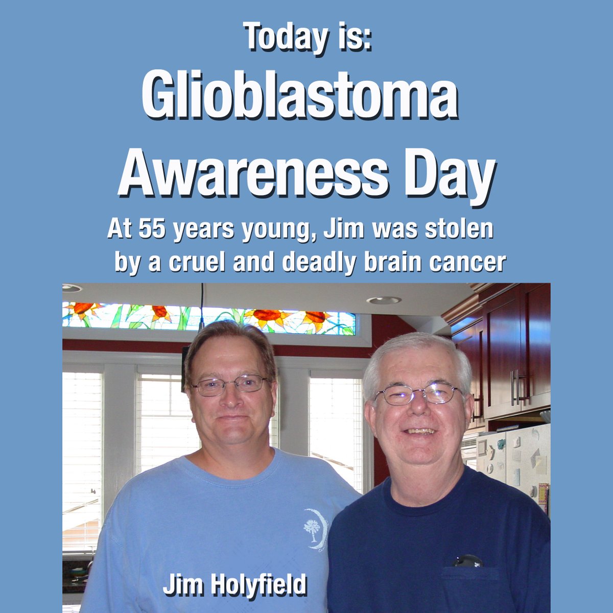 JoeBaber1's tweet photo. Most people are not aware of Glioblastoma brain cancer. This tumor buries it's tentacles in the brain much the same way as a plant extends it's roots. Because of the damage that would be done to the brain, it's nearly impossible to cure this brain cancer surgically. Instead of removing a golf ball shaped tumor, the surgeon would be attempting to remove a tumor the shape of a jelly fish. Chemotherapy eats away at the cancer slowly and causes tremendous effects on the body. Radiation kills some but not all of the tumor. Glioblastoma is the most aggressive brain cancer and has challenging survival outcomes despite comprehensive treatment strategies. Typical survival for newly diagnosed patients is 12–15 months with a two-year survival rate below 30%.   Jim retired in 2005 to Holden Beach, NC. from Dollar Tree Stores where he had a successful career as Director of Store Construction. He was a dear friend. He fought cancer very courageously. Six years into his retirement, he died at age 55.  His heart was bigger than his body...
If you are inclined to donate to give people better chances to treat this cancer, I suggest donating to the National Brain Tumor Society. Donate today through July 17th and your donation will be doubled. Details available here:  https://t.co/uDfaspsFV2