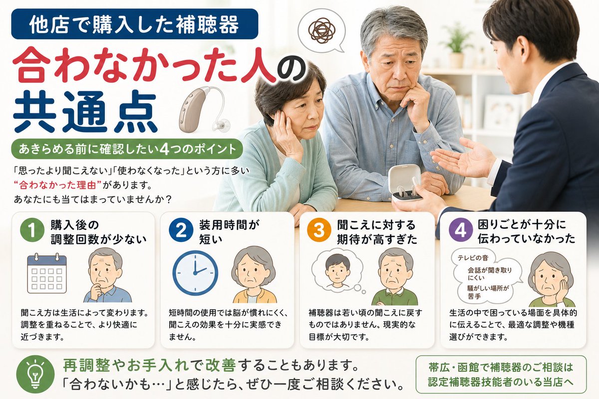 wakaba_obi's tweet photo. 「購入したけど使わなくなった」
「思ったより聞こえなかった」
「引き出しにしまったまま」

そんなご相談をいただくことがあります。

補聴器が合わなかった原因は、
調整や使い方にある場合もあります。

「もう合わないかも…」と思っている方も、
諦める前に一度ご相談ください。

#補聴器 https://t.co/VZLMnLFgbX