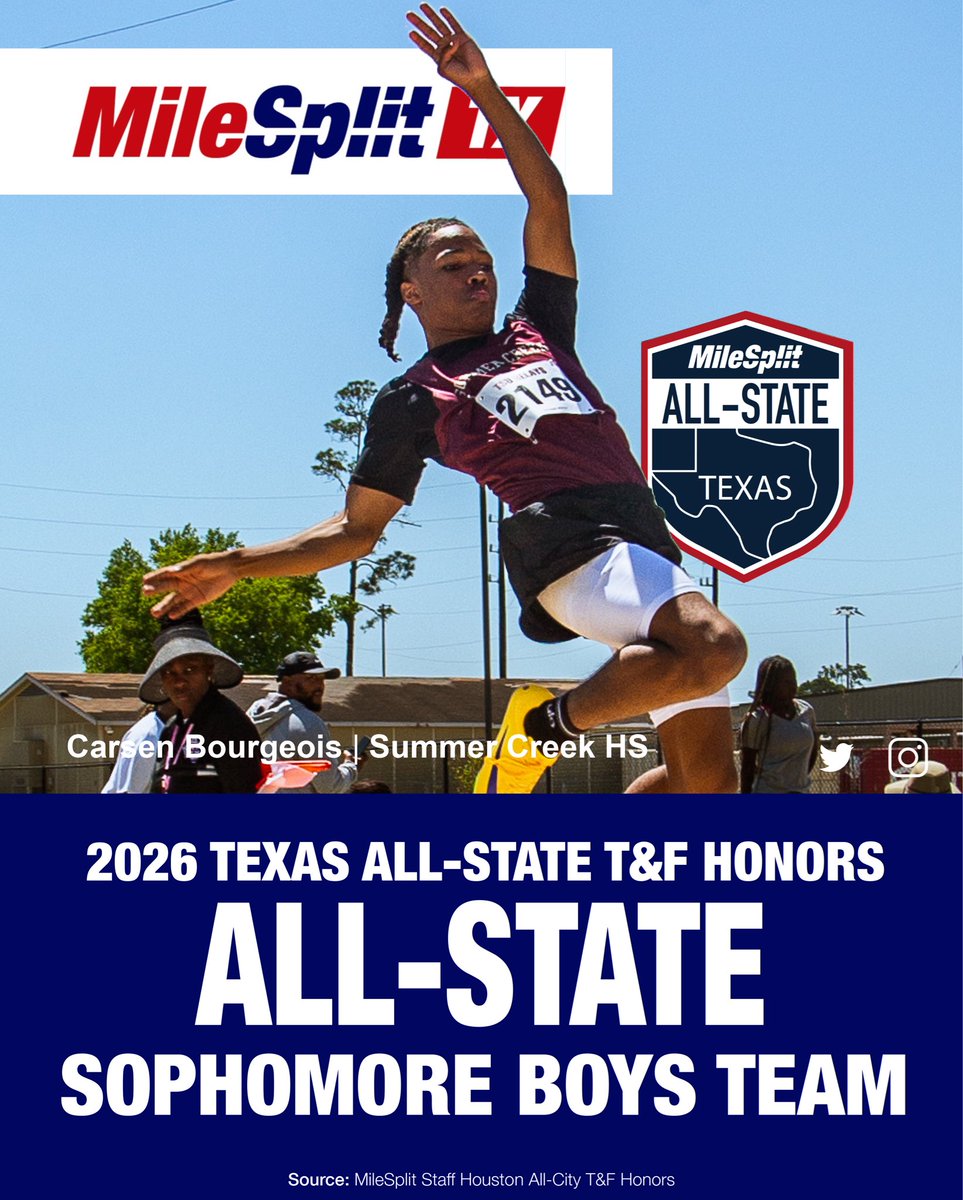 CarsenB_2028's tweet photo. 2026 TX All-State Sophomore Boys Team‼️ 🇨🇱 @CarsenB_2028 

Earned @milesplit @TXMileSplit Texas All-State honors for the second straight year, this time as a sophomore.

Carsen Bourgeois | Class of 2028
Summer Creek HS (TX) 📍Varsity

LJ 22’7.5” PR
60m 7.3 (indoor)
HJ
Relays

🏆 TX MileSplit All-State Sophomore
🥇 Houston All-City T&F – 2nd Team
⭐ MikeSplit TX Top Performer
⭐ #17 Sophomore Long Jumper TX

@AngryHalfMiler @HumbleISD_SCHS @HumbleISD_Ath @WhatsTheDeal89 

#Milesplit #TexasTrack #runner #longjump #fast #trackandfield #recruit #texasprospect #track
