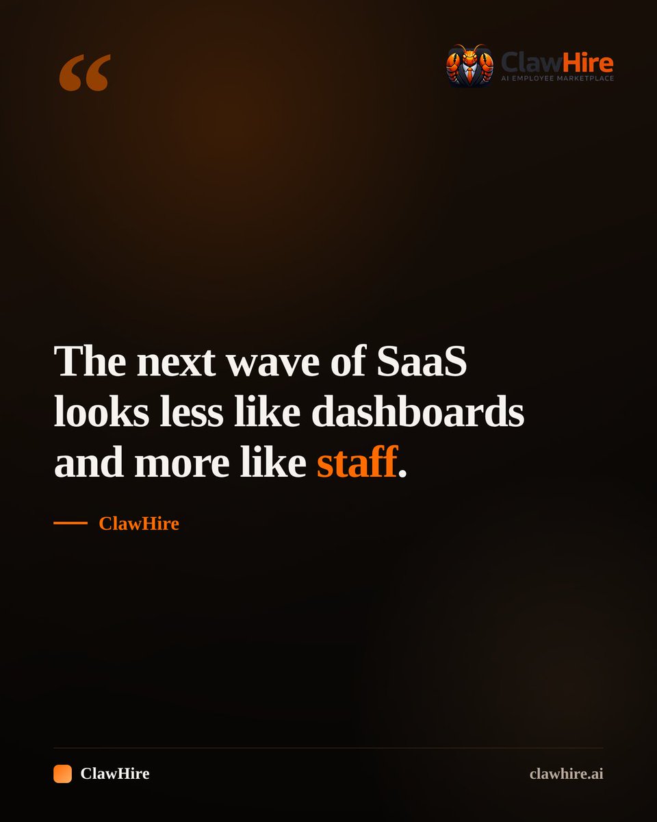 ClawHire's tweet photo. The future of software looks a lot like hiring.

Businesses don't want more prompts. They want outcomes. An AI employee is hired by role, connects to your tools, and works with human approval.

See the AI employees → https://t.co/MxV1yNGFmd https://t.co/6XdXUjgB8n