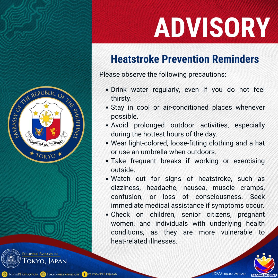 PHLinJapan's tweet photo. 📢 ADVISORY: Heatstroke Alert in Japan

The Philippine Embassy in Japan advises the Filipino community to exercise heightened caution as dangerously high temperatures continue to affect many parts of Japan.

According to Japanese authorities, heatstroke alerts have been issued across 25 prefectures from Tohoku to Kyushu, including the entire Kanto region centered on Tokyo, which is under its first full-area alert of the year.

The Embassy encourages all Filipinos in Japan to monitor the latest weather updates and heed the advisories of local authorities.

Please stay safe and take the necessary precautions.