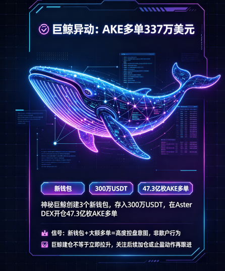 va7412's tweet photo. 🐋 巨鲸异动：AKE多单337万美元
神秘巨鲸创建3个新钱包，存入300万USDT，在Aster DEX开仓47.3亿枚AKE多单。
💡 信号：新钱包+大额多单=高度控盘意图，非散户行为。
⚠️ 巨鲸建仓不等于立即拉升，关注后续加仓或止盈动作再跟进。
#AKE #巨鲸 #AsterDEX https://t.co/kbIQpJd8no