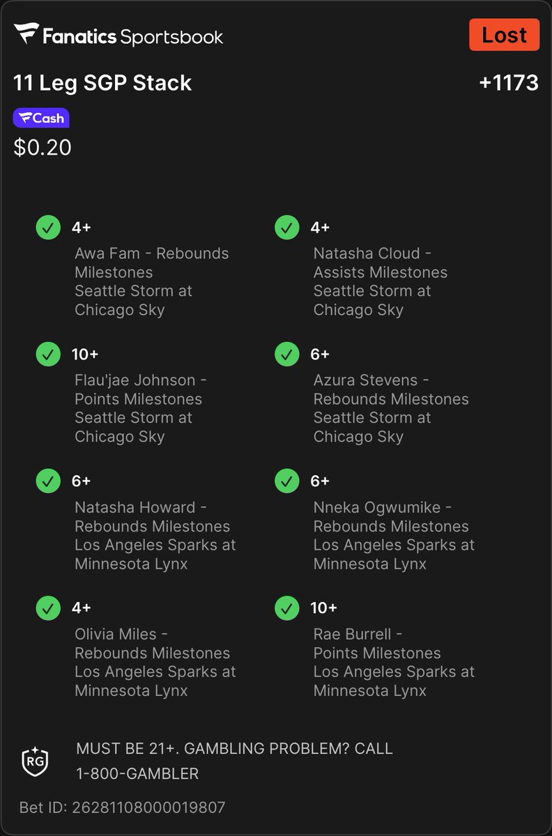 Calqc_'s tweet photo. Dearica Hamby has been removed from all future parlays. Needed 12 points to cash a 10-leg… she finished with 10. Never again. 🚫💀 https://t.co/cGz6t9bHRX