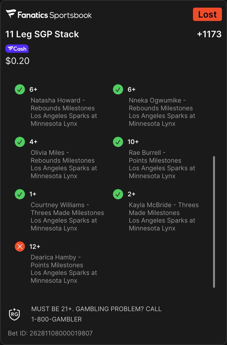 Calqc_'s tweet photo. Dearica Hamby has been removed from all future parlays. Needed 12 points to cash a 10-leg… she finished with 10. Never again. 🚫💀 https://t.co/cGz6t9bHRX