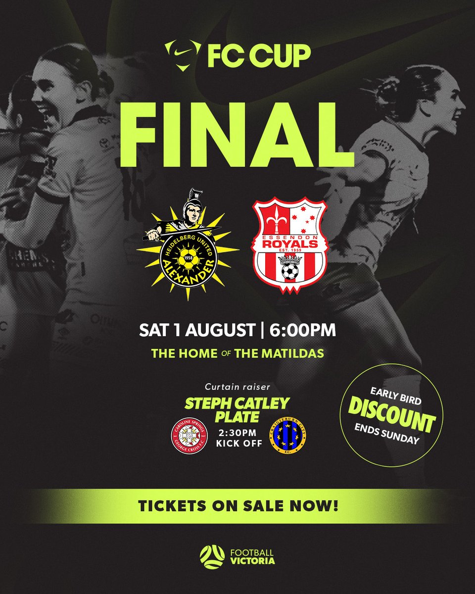 footballvic's tweet photo. The stage is set for the 2026 Nike FC Cup Final with two female football powerhouses @HUAlexanderFC and @EssendonRoyals coming together with cup glory on the line.

Get you tickets now - https://t.co/y4pGEQfe3L https://t.co/U9ViLr1eP8