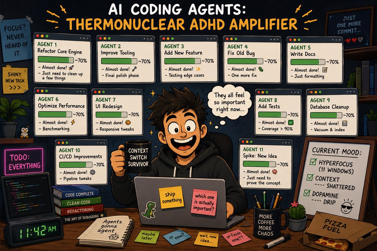 ShahidKandy's tweet photo. "AI coding agents are a thermonuclear ADHD amplifier" is the most accurate thing said about them all year. I've never started so many projects. 

I've only finished a smaller fraction of them. The tooling got 10x faster, but my attention span did not 😅 https://t.co/hMTh73yeD4