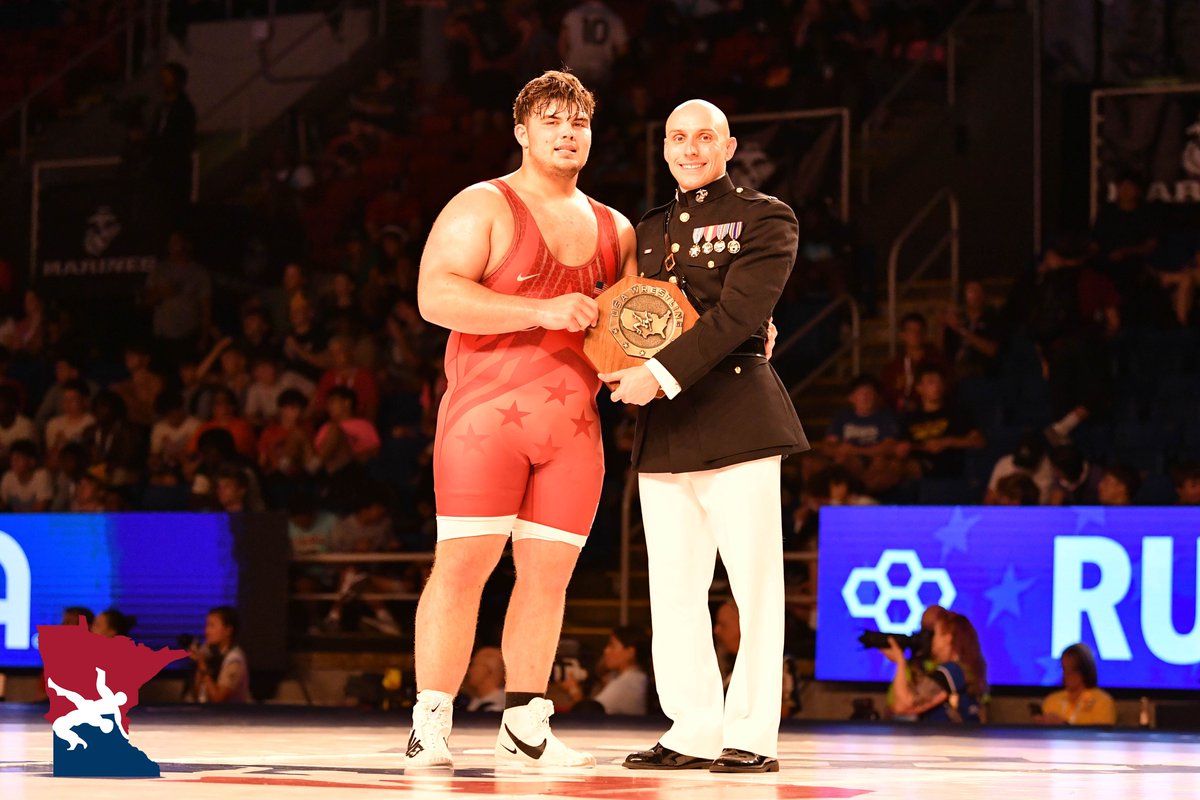 MNUSAW's tweet photo. He did it!!! Sawyer Schendel completes the Triple Crown with his Greco Title. Way to go, that is amazing! We are all so proud of you. #mnusawrestling #MNstorm https://t.co/F3lnH3Ykk4