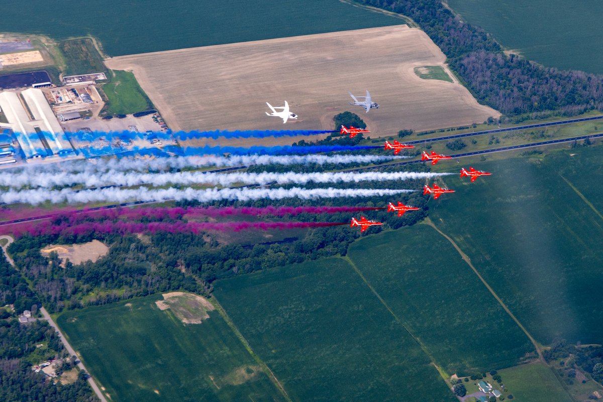 UKinBoston's tweet photo. ICYMI: The @rafredarrows joined @beta.aircraft's electric aircraft for a spectacular flyover over Burlington, Vermont and an open house celebrating the strength of the UK–US aviation partnership. ✈️⚡🇬🇧🇺🇸 https://t.co/5VWVyPye3l