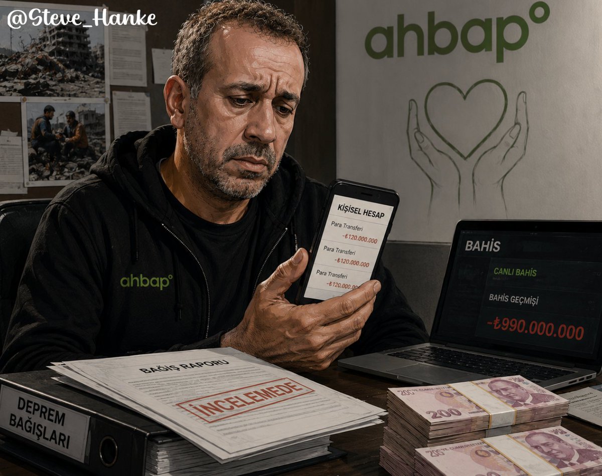 steve_hanke's tweet photo. #TurkeyWatch🇹🇷: One of Turkey's most prominent charities — Ahbap — raised millions. Now it's under investigation.

Reportedly 990 million lira was wagered on gambling &amp; 120 million lira was transferred to personal accounts.

IN TURKEY, THIS IS STANDARD OPERATING PROCEDURE. https://t.co/56kggJ8UHP