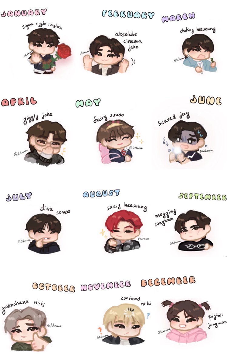Kxaralvshee's tweet photo. —Cual es su meme de Enhypen según su mes de nacimiento? 

Por cierto si les gustaron los dibujos la cuenta original que los hizo en insta se llama sushik4tt 

#Prioritize_SUNOOs_Health #Boycott_Belift_For_Exploitation https://t.co/7WOGgzGTlS