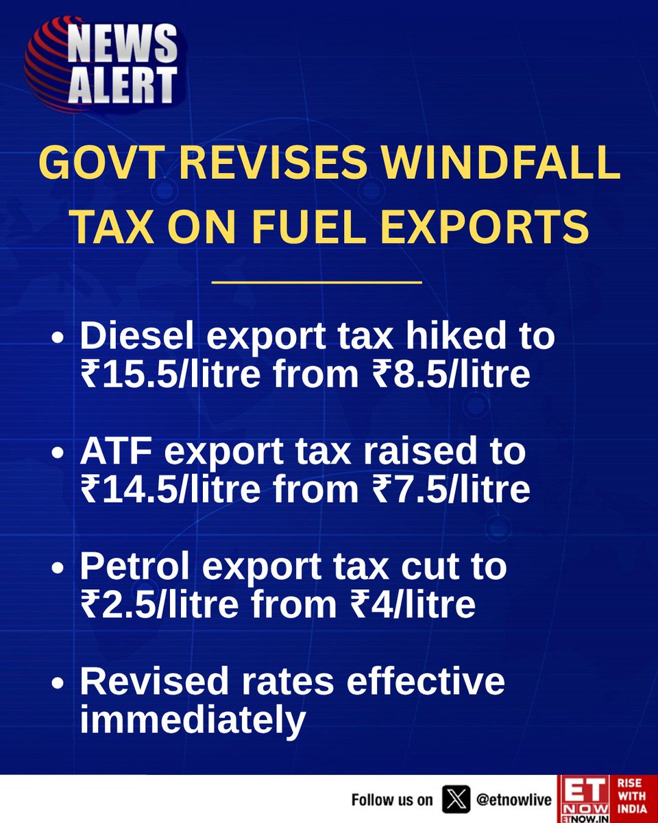 ETNOWlive's tweet photo. Govt revises windfall tax on fuel exports, raising levies on diesel and ATF while lowering the tax on petrol exports, effective immediately
#WindfallTax #FuelExports https://t.co/te66uhGDnA