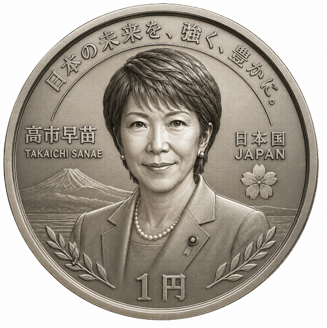 tacowasa2nd's tweet photo. よしアメリカのトランプの1ドルコインに対抗して、日本も高市早苗の1円記念コインを発行しようぜ。

1円玉にこれほど相応しい人もしないしね、これ以上は崩れないという意味で。 https://t.co/yffvU5708p