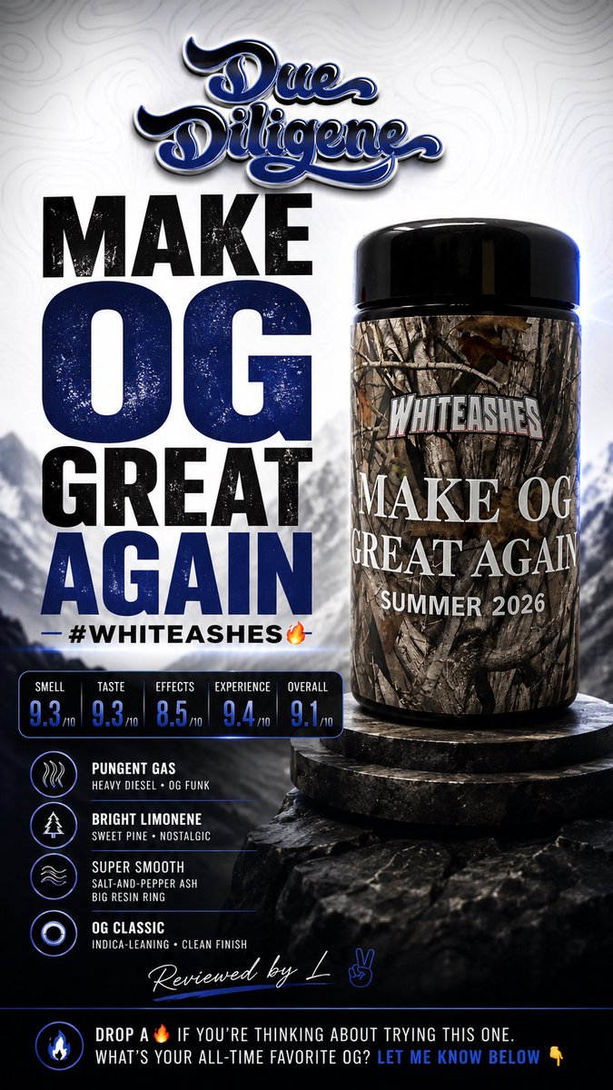 DueDiligence420's tweet photo. Make OG Great Again #WhiteAshes 🔥
@Whiteashesca
Smell: 9.3/10
Taste: 9.3/10
Effects: 8.5/10
Experience: 9.4/10
Overall: 9.1/10
Notes
Smell/Taste
As soon as I opened the jar, the pungent gas aroma hit me. Heavy diesel, bright limonene, nostalgic OG funk, and a touch of sweet pine. The smell translates perfectly to the taste, it’s a flavorful smoke that stains the palate.
Experience/Effects
Super smooth. If you’re a fan of classic OG and gassy strains, this one’s for you. So good I smoked it straight to the filter. Nice mellow indica-leaning high with a clean finish. Salt-and-pepper ash, but smokes smooth like Hibiki. Big resin ring the whole way through.
Very, very nice. White Ashes made OG great again.
Reviewed by L ✌️
Drop a 🔥 if you’re thinking about trying this one. What’s your all-time favorite OG? Let me know below 👇
#WhiteAshes #OGKush #DueDiligence #ReviewedByL #Gas #Terps #CannabisCommunity