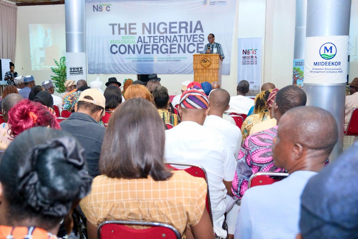 ClimateWed's tweet photo. Welcome words by Nnimmo Bassey, Director, Health of Mother Earth Foundation (HOMEF), at the 3rd Nigeria Socioecological Alternatives Convergence (NSAC) held at Abuja.

The Nigeria Socio-Ecological Alternatives Convergence (NSAC) is more than a gathering. It is a meeting of minds, movements, communities and peoples determined to review the state of the Nigerian environment with particular reference to mining, deforestation and environmental security. In other words, we will be examining extractivism, climate change and related forced displacements and other conflicts. https://t.co/VpHxlExcgq via EnviroNews