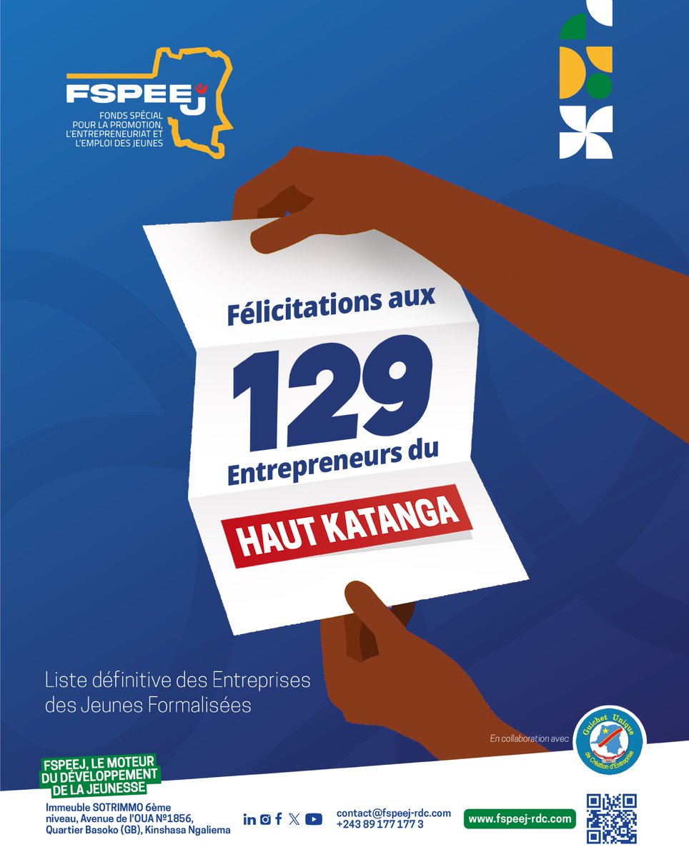 fspeej_RDC's tweet photo. 🎉 Félicitations aux heureuses entreprises des jeunes formalisées du Haut-Katanga ! 👏🇨🇩✨ https://t.co/Qh6TGkYDL4