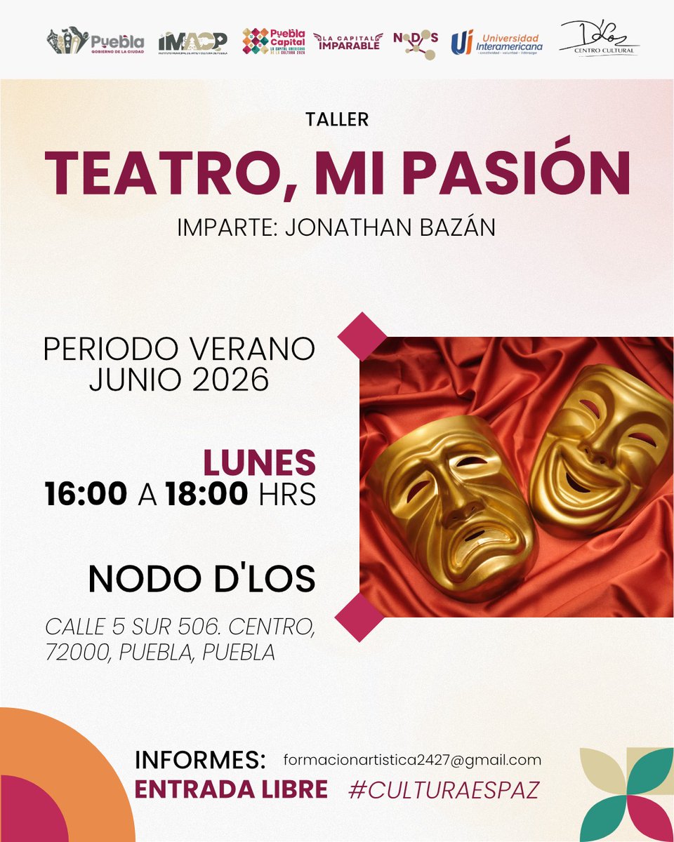 IMACP's tweet photo. ☀️ | Este #Verano es para pasarlo en #PueblaCapitalAmericanaDeLaCultura2026. 😎
Con los #NodosCulturales impulsamos la formación artística de niñas, niños y adolescentes. 🎨🕺
📍 #Nodo D’Los | 5 Sur 506, Centro Histórico.
Más detalles:
💌 formacionartistica2427@gmail.com https://t.co/JpRWFGapzj